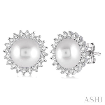 7x7 MM Round Shape Cultured Pearls and 1/4 Ctw Round Cut Diamond Earrings in 14K White Gold